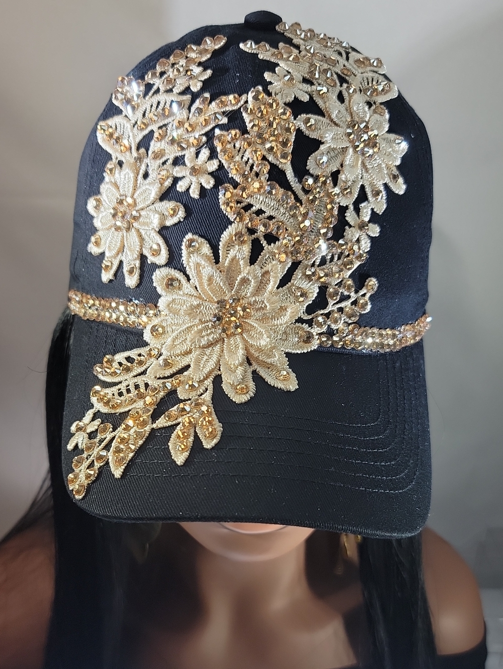 Embellished Black Baseball Cap with Gold Floral Appliqué